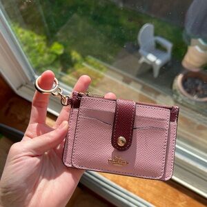 NWT Coach Pink and Burgundy Leather attachment Card Holder with Key Ring